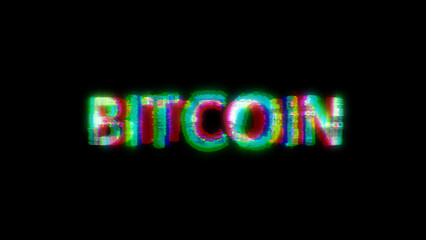 cybernetical text BITCOIN with massive chromatic aberrations distortion, isolated - object 3D rendering