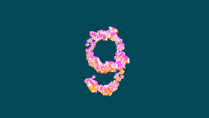 colorful vivid pink and orange luxury diamonds number 9 on blue, isolated - object 3D rendering