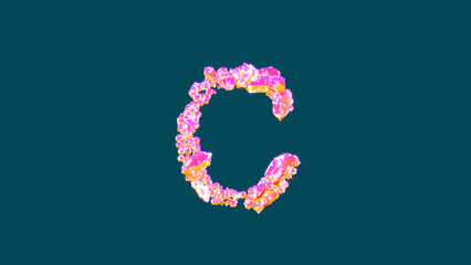 festal pink and orange lux gem stones letter C on blue, isolated - object 3D rendering