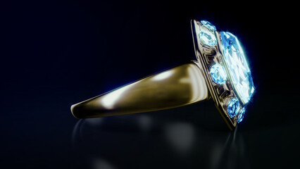 goldish ring with blue topaz or diamond jewel, isolated, fictional design - object 3D illustration