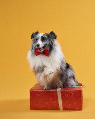 dog on a yellow background. pet's birthday. Marbled Sheltie with red Celebration Box