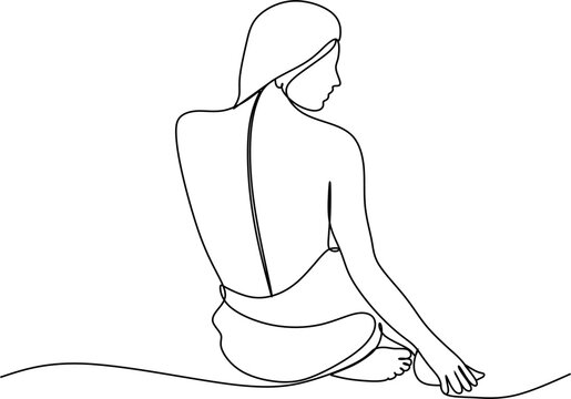recommend clip art: Continuous line A woman wearing a swimsuit, sitting back, beautiful. Simple line vector illustration.