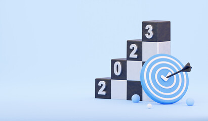 Business goals in 2022 concept. Abstract cubes with text and the archery target. 3d rendering illustration