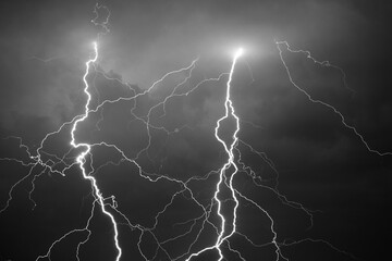 Fork lightning striking down during summer storm in black and white