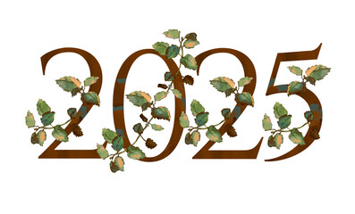 Year 2025 watercolor floral monogram with melissa twigs, isolated on white. Shabby chic serif alphabet. For graduation, special event and celebration marketing materials, invitations and cards