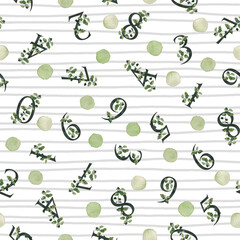 Number seamless pattern. Shabby chic floral number monograms 0 – 9, polka dot and stripes on white. Watercolor illustration. For textile, wrapping paper, scrap-booking, stationery and packaging design