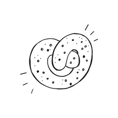 Oktoberfest 2022 - Beer Festival. Hand-drawn Doodle outline brezel with sesame seeds on a white background. German Traditional holiday.