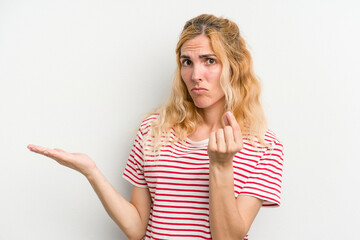 Young caucasian woman isolated on white background showing that she has no money.