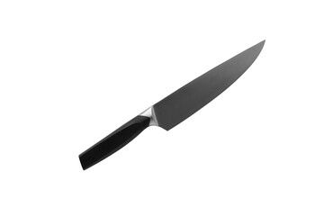 A sharp steel chef's knife, insulated on a white background. Top view. Flat lay.