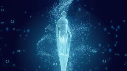 Concept technology human hologram from points, plexus and polygons in a cloud of binary code and connections. 4k loop render graphics - Powered by Adobe