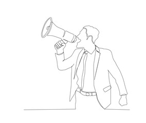 Continuous one line drawing of man holding megaphone speaker. Horn speaker hold by man, sign and symbol for announcement and news. Single line drawing vector illustration.