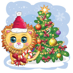 Merry Christmas and Happy New year. Funny lion in red hat with gift in cartoon style. Greeting card.