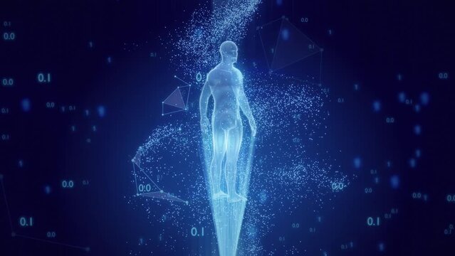 Concept technology human hologram from points, plexus and polygons in a cloud of binary code and connections. 4k loop render graphics