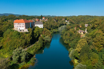 Aerial view of old Ozalj town on the Kupa River, Croatia