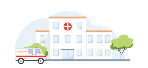 City hospital and ambulance car on white background. Facade building city clinic. Medical center. Concept healthcare and emergency care. Vector illustration in flat style.
