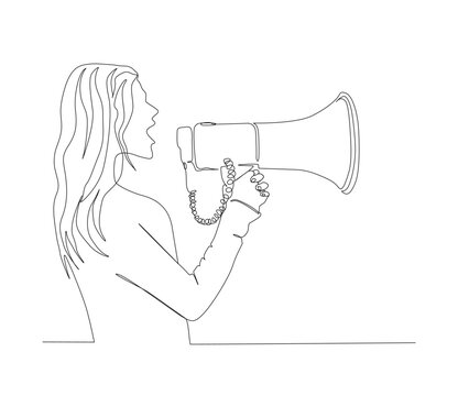 recommend clip art: Continuous one line drawing of woman holding megaphone speaker. Horn speaker hold by young woman, sign and symbol for announcement and news. Single line drawing vector illustration.