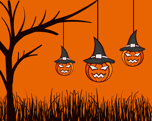halloween, background, illustration, vector, pumpkin, tree, silhouette, art