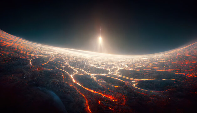 Outer space, nebulae and planet. Abstract fantasy space, flare in the sun. 3D illustration.