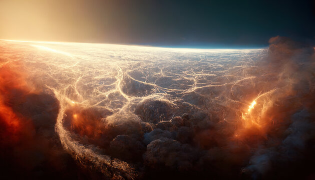Outer space, nebulae and planet. Abstract fantasy space, flare in the sun. 3D illustration.