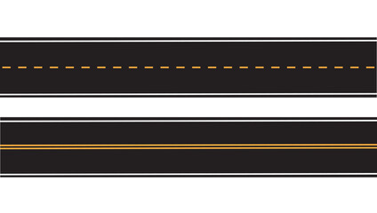 Straight roads aerial top view. Empty horizontal highways with different white and yellow markings. 
 horizontal straight seamless roads isolated on transparent background.