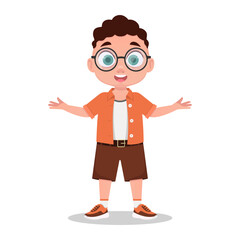 Cute boy with glasses, nerd, schoolboy surprised. Vector illustration