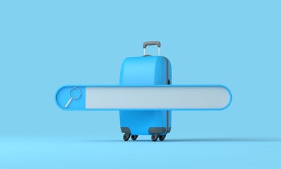 Online summer vacation search. Blank search bar with a travel suitcase. 3D Rendering