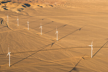 Aerial view of a wind farm in the Atacama Desert outside the city of Calama, Chile