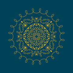 Navy Blue background and Yellow Hand drawn Mandala Design Vector Illustration. Floral Organic Motif for invite, fabric, yoga, ethnic, invite decoration. Tribal style organic doodle graphic template