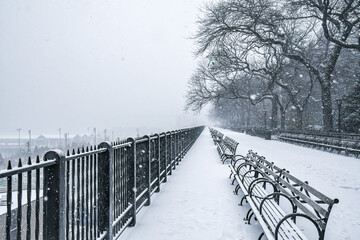 Brooklyn Heights, Brooklyn, New York City, New York, USA Snow on a wrought iron bench in a New York...