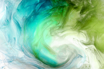 Green blue smoke abstract background, acrylic paint underwater explosion
