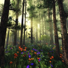 Beautiful forest in the morning in the rays of the rising sun, sunset in the forest, forest in the morning in the fog, blooming glade in the forest, 3d rendering