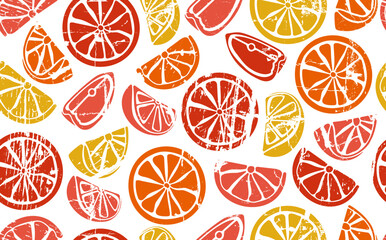Seamless pattern with grunge abstract slices of oranges, grapefruits and lemons. Vector Background.