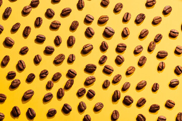 Roasted coffee beans on yellow background