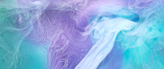 Blue multicolored smoke abstract background, acrylic paint underwater explosion