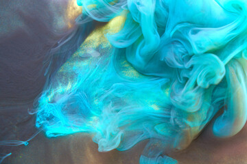 Multicolored emerald azure smoke abstract background, acrylic paint underwater explosion