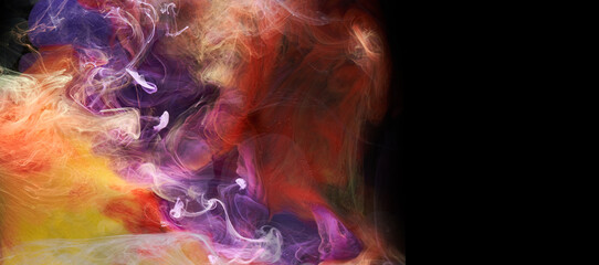 Multicolored bright contrasting dark smoke abstract background, acrylic paint underwater explosion