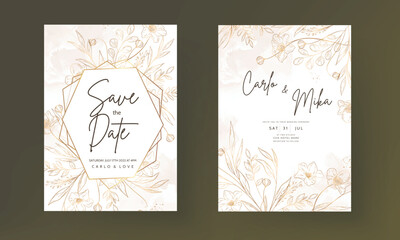 Hand drawn minimal wedding invitation template with elegant gold floral