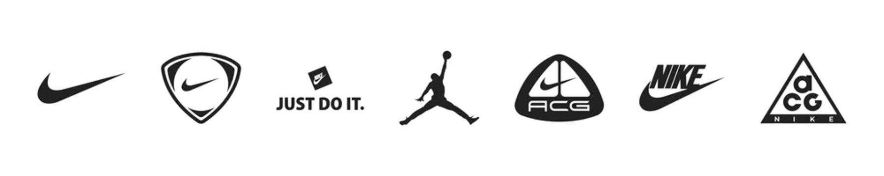 Zdolbuniv, Ukraine - August 13, 2022: Nike  different logotype set. Editorial vector illustration. Nike brand logo icon collection.