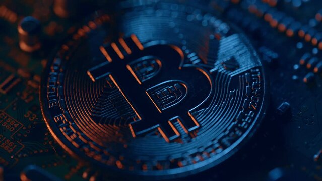 Golden bitcoin coin on green circuit background. Cryptocurrency virtual money. Blockchain technology and btc mining concept