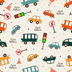 Seamless pattern with cute car bus and traffic sign hand draw. Creative good night background. Perfect for kids apparel, fabric, textile, nursery decoration, wrapping paper. Vector Illustration Design
