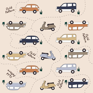Seamless pattern map with cute car and motorcycle hand draw. Creative good night background. Perfect for kids apparel, fabric, textile, nursery decoration, wrapping paper. Vector Illustration Design