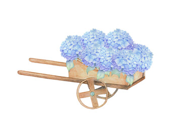 bouquet of blue hydrangeas in a wooden cart