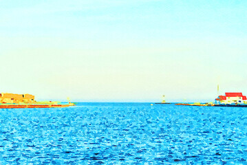 Obraz premium Digitally created watercolor painting of harbor entrance to the Ludington port