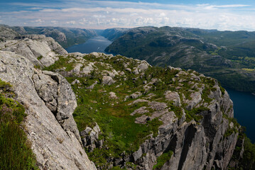 Fototapeta na wymiar Stunning view on the Lysefjord from the high cliffs around Pulpit Rock (Preikestolen), Stavanger, Norway