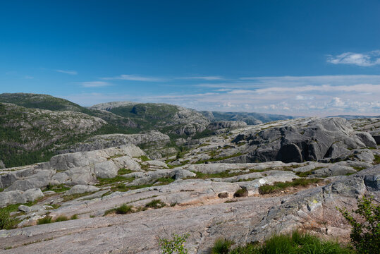 The rough rocky mountain landscape on the way to Pulpit Rock (Preikestolen), Stavanger, Norway