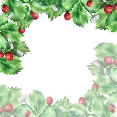 Frame with ripe red strawberries and green leaves. An illustration highlighted on a white background