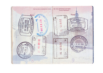 Travel stamps in a United States passport