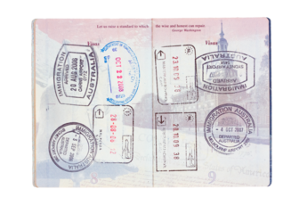 Travel stamps in a United States passport