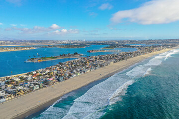 Aerial of Mission Bay and Mission Bay in San Diego, CA