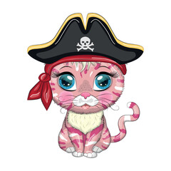 Cat pirate, cartoon character of the game, wild animal cat in a bandana and a cocked hat with a skull, with an eye patch.